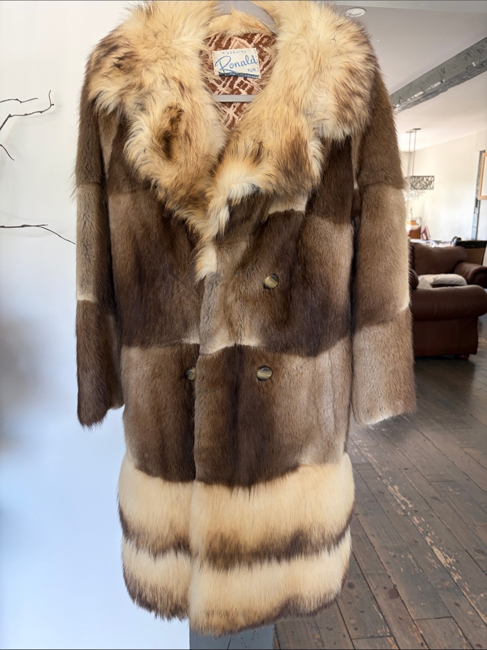 Rich Brown & Cream Fur Coat with Fur Collar by Ronald fur Vintage